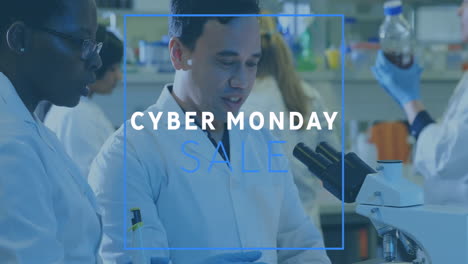 In lab, scientists working with animation of Cyber Monday Sale text overlay