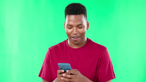 Phone,-texting-and-black-man-on-green-screen