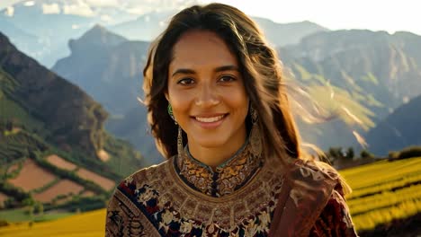 portrait of a smiling woman wearing traditional indian dress in front of a mountain landscape