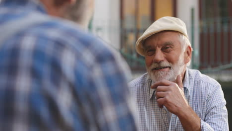 Ver-Por-Encima-Del-Hombro-Al-Anciano-Sonriente-Con-Una-Gorra-Hablando-Alegremente-Mientras-Juega-Con-Su-Mejor-Amigo