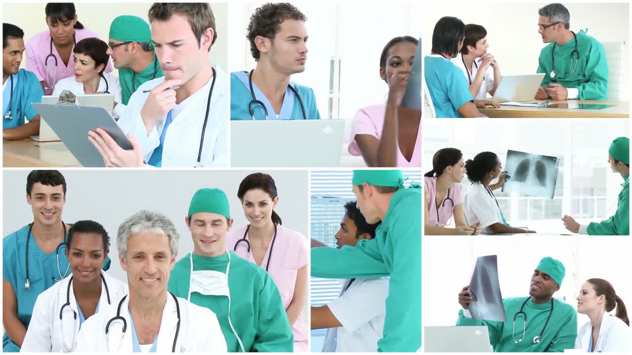 montaje que muestra a los médicos trabajando en equipo