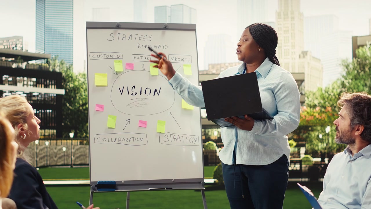 Black businesswoman presenting strategy ideas on vision board