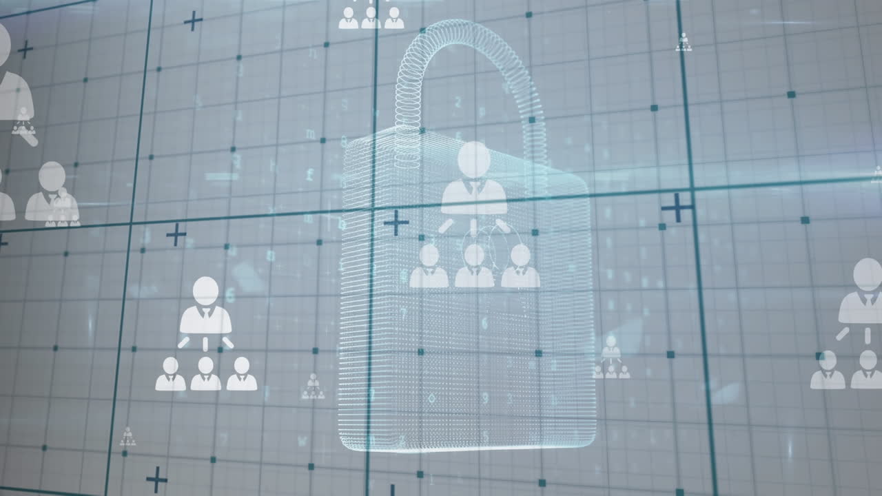 Animazione di una rete di connessioni su un lucchetto di sicurezza