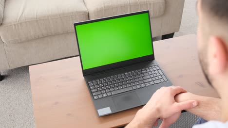 backside view adult businessman works at modern laptop green screen at home