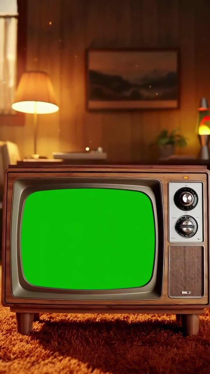Retro-tv med grøn skærm i en hyggelig stue