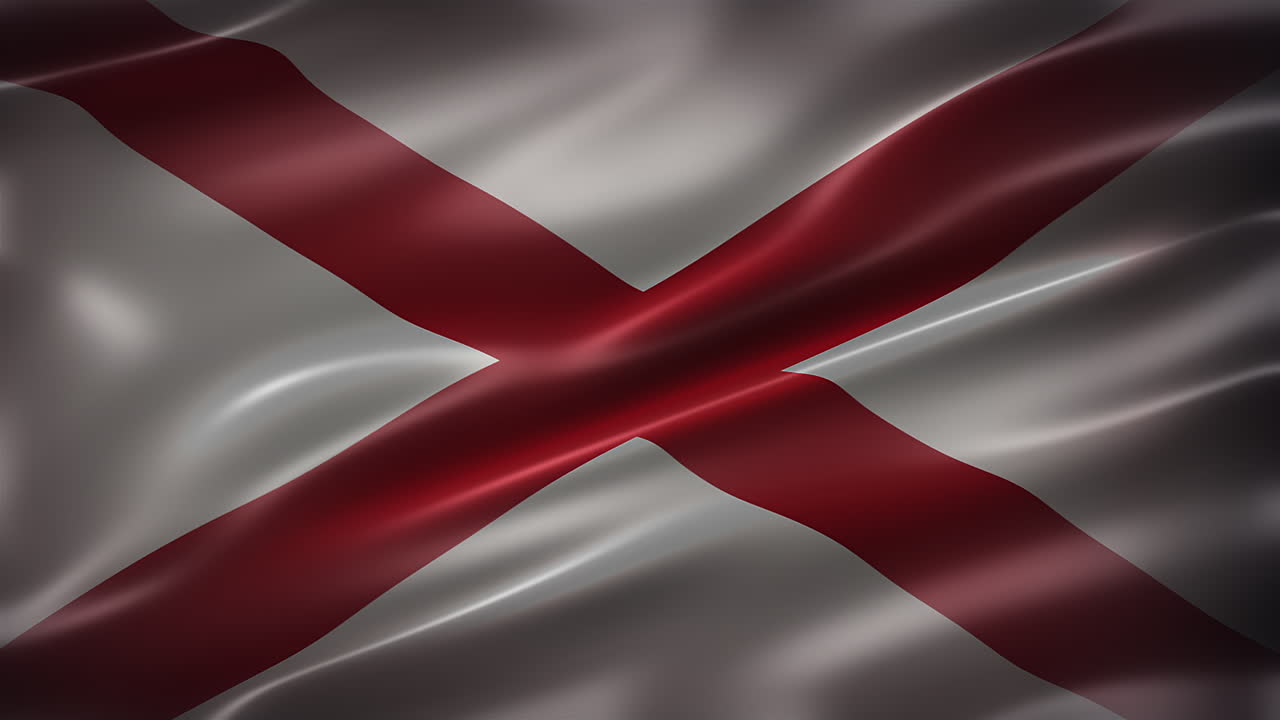 la bandera de alabama, vista de fuente, cuadro completo, elegante, brillante, revoloteante, elegante textura sedosa, ondeando en el viento, animación realista de 4k cg, aspecto de película, sin problemas de bucle
