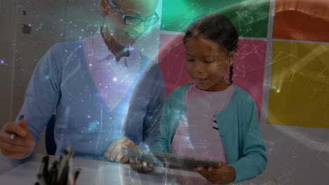 animation of globe over biracial schoolgirl with teacher using tablet