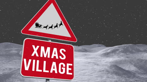 animation of snow falling over warning sing in winter landscape