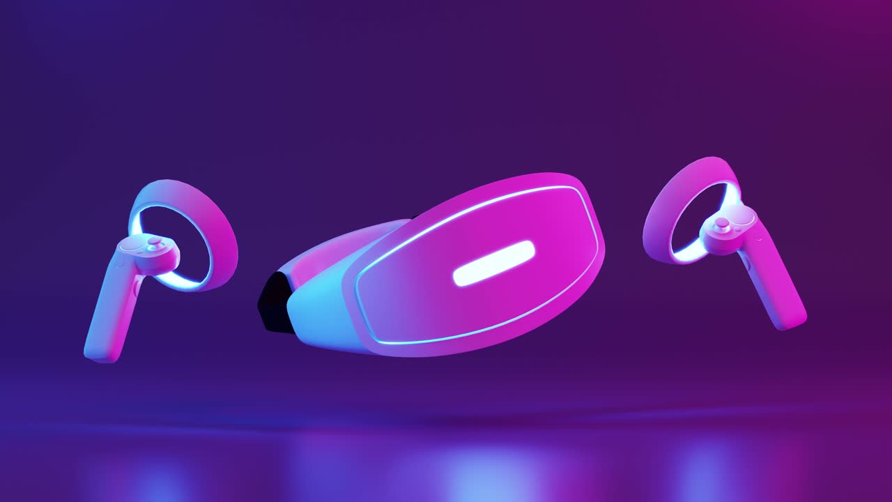 VR headset and controllers under neon light