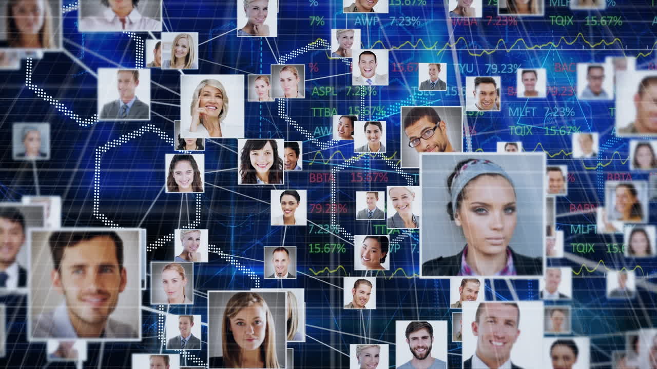 red de iconos de perfil sobre formas hexagonales y procesamiento de datos del mercado de valores sobre fondo azul