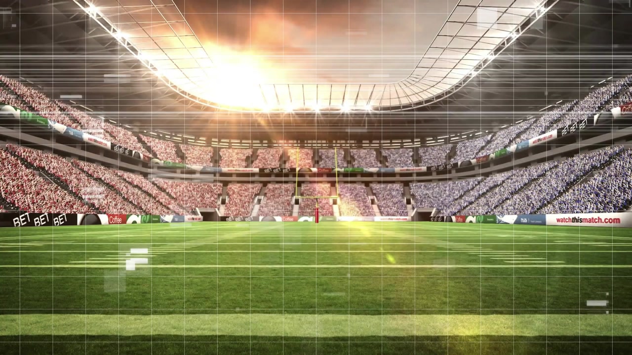 Yellow football goalpost rising above field in 3D render, showing seating tiers and grid overlay