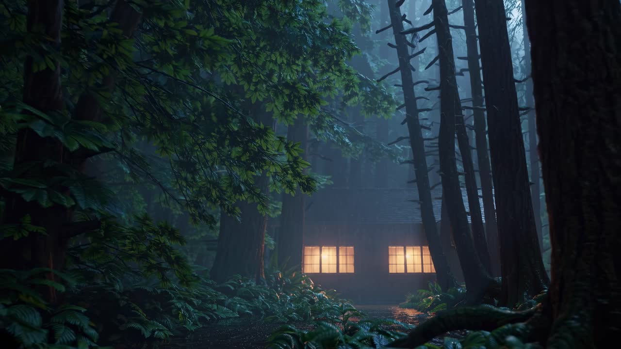 Moody forest scene with a cabin, glowing windows. Low-angle shot enhances the mysterious, serene