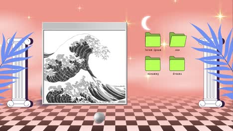 retro vaporwave poster with user interface elements and vintage comics illustrations. trendy old aesthetic background. 2d animation.