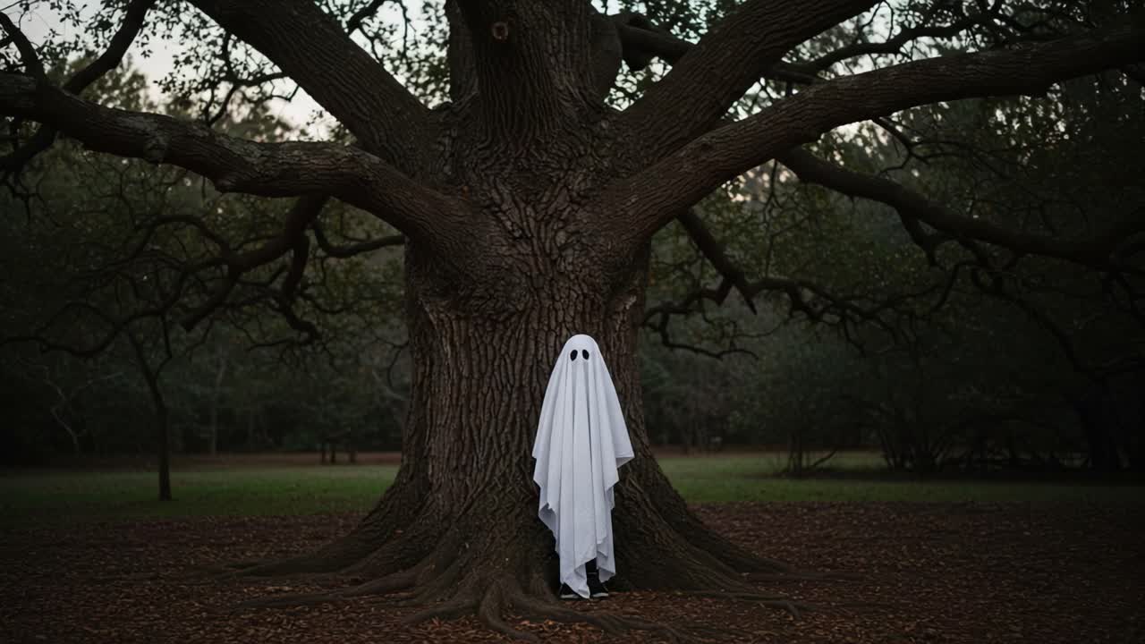 A Mysterious Figure Draped in White Stands Beneath an Ancient Tree, Creating an Atmosphere of Enigma and Supernatural Wonder in a Quiet Outdoor Setting