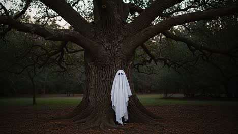 a mysterious figure draped in white stands beneath an ancient tree, creating an atmosphere of enigma and supernatural wonder in a quiet outdoor setting