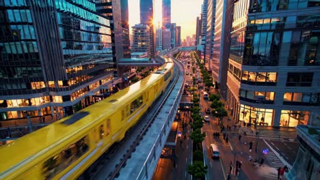 urban sunset cityscape with train