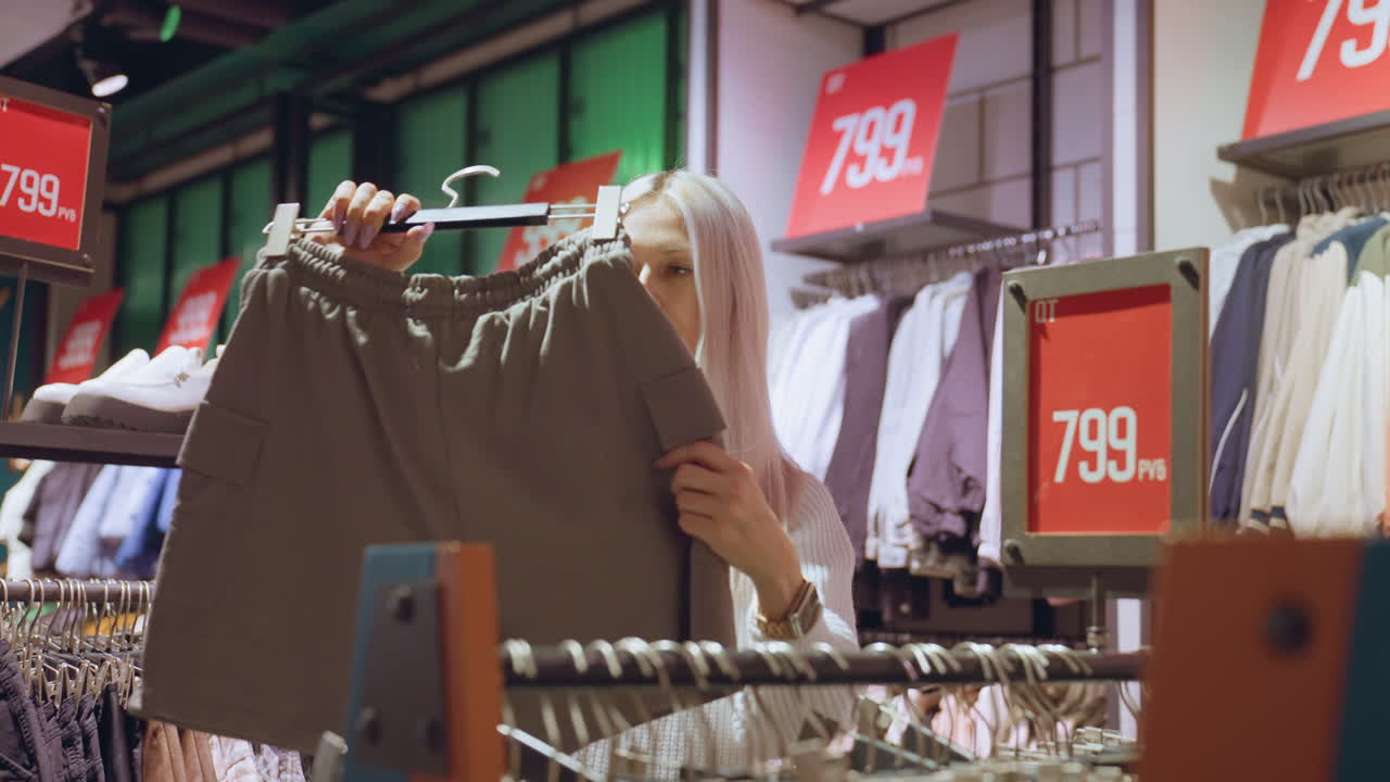 Browser walks to rack removes baggy brown short with side pocket from hanger examining fabric and design under warm boutique lighting amidst organized racks of casual apparel evoking shopping vibe