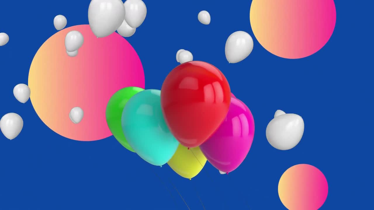 animación de globos de colores flotando sobre un fondo azul