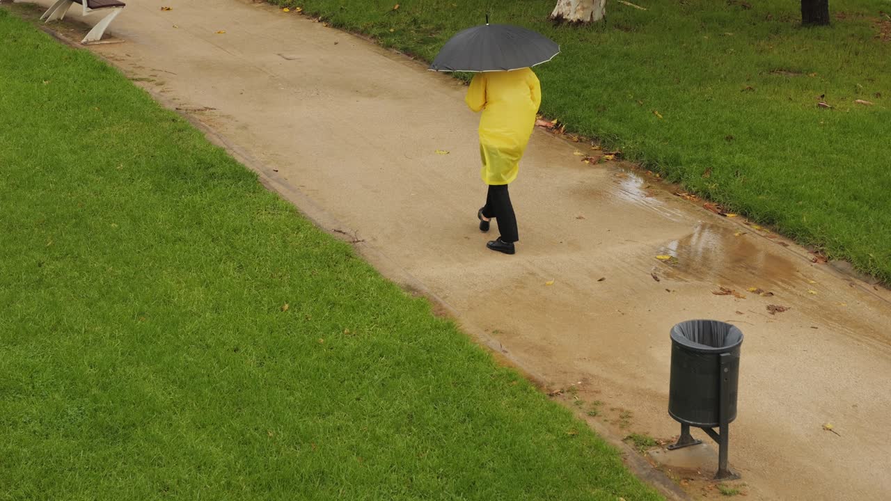 Business man tourist person with umbrella and raincoat on rainy european city street, lights reflecting, walking in Barcelona or Amsterdam during the rain