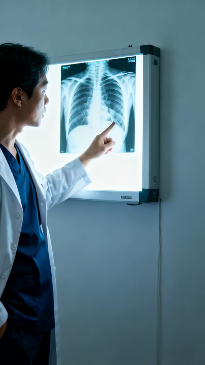 Vertical video: Reacting to lit box, Dr in coat pointing, studying chest Xray at clinic, copy space