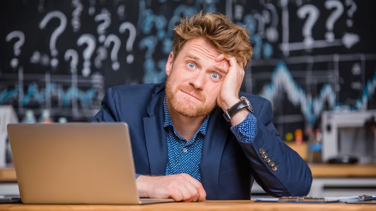 A Frustrated Professional Struggles with Uncertainty and Confusion at His Workspace Amidst Economic Charts and Question Marks Representing Challenges Ahead