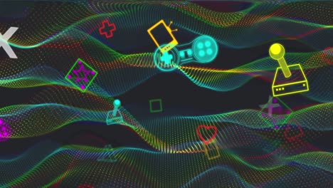 animation of floating neon icons and waves on black background