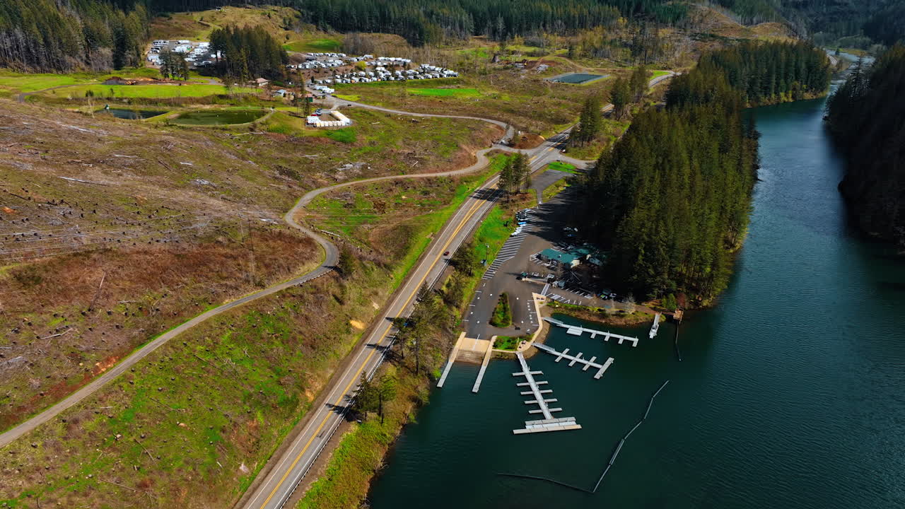 Mountain summer forest scenery. American Oregon state highway aerial view.