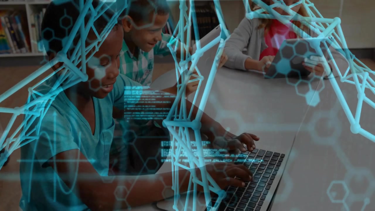 Girl tapping tablet and activating DNA helix overlay while peers coding on laptop for STEM learning