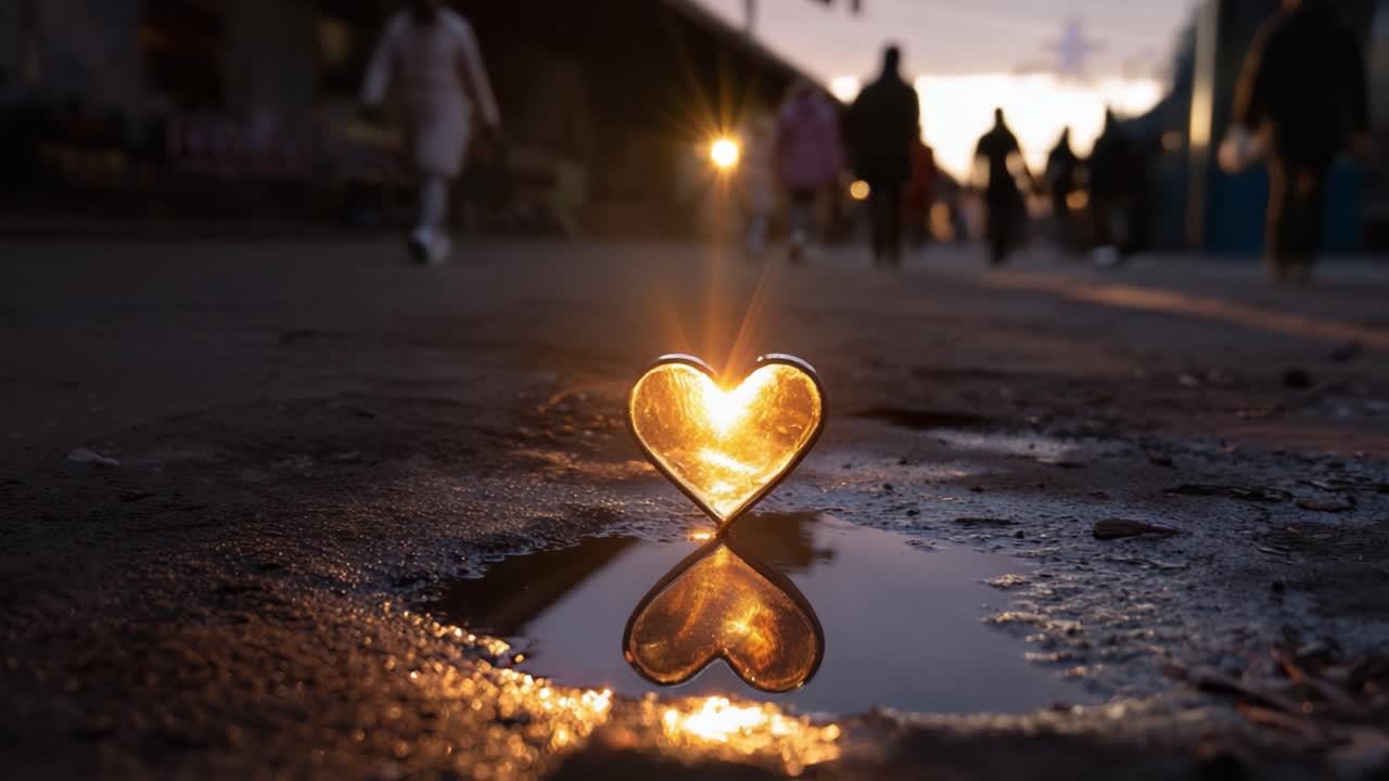 Um reflexo em forma de coração iluminado pelo brilho do pôr do sol, capturando a essência do amor e da conexão em meio a uma paisagem urbana movimentada