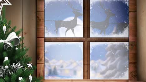 Animation-of-santa-claus-in-sleigh-with-reindeer-in-winter-scenery-seen-through-window