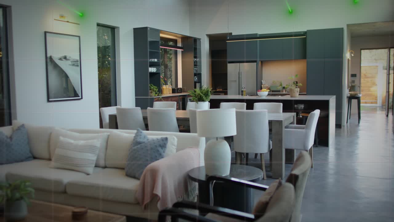 Sofa staying still as left wall green lasers appearing, multiplying and connecting to map surfaces