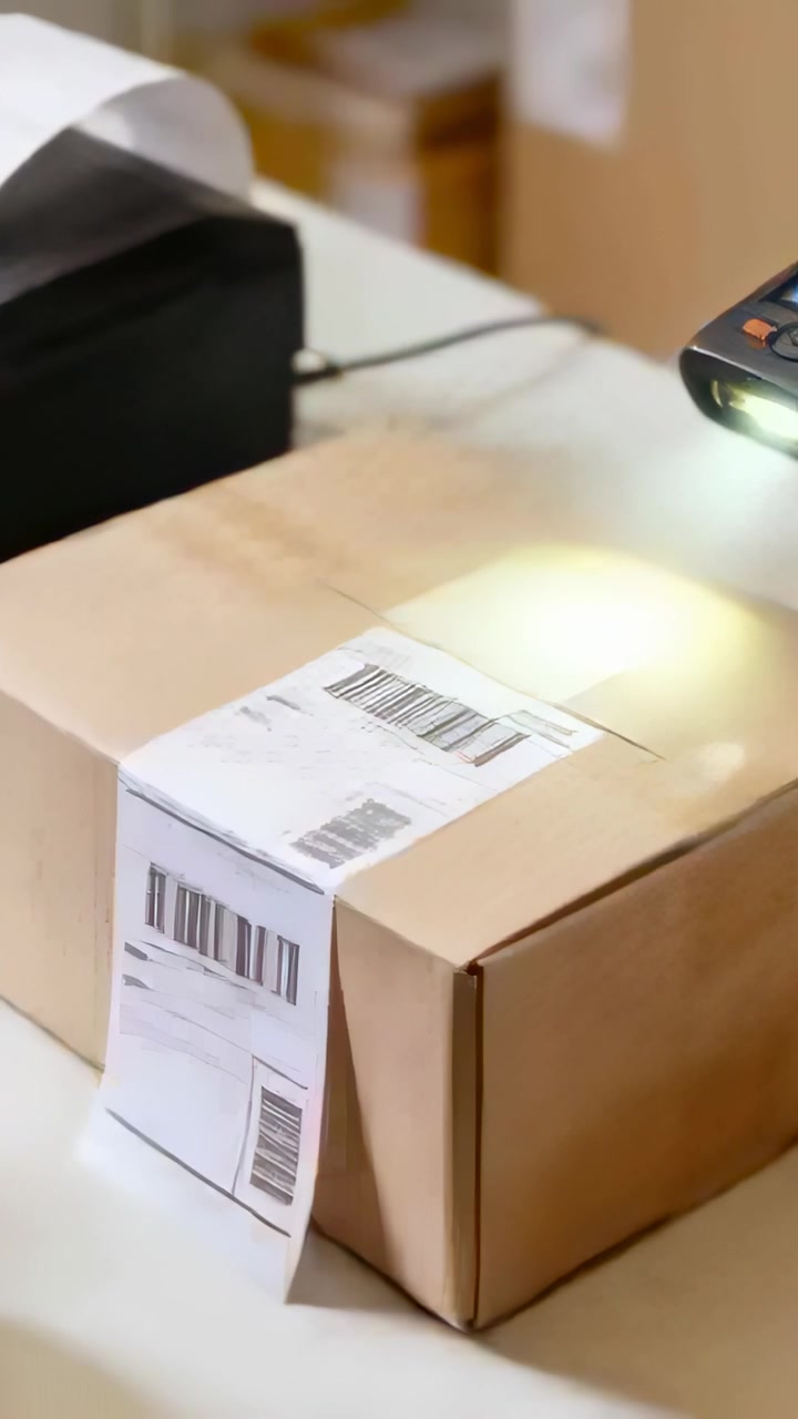 Vertical video: Label being peeled, hands aligning barcoded label at desk to ship with scanner