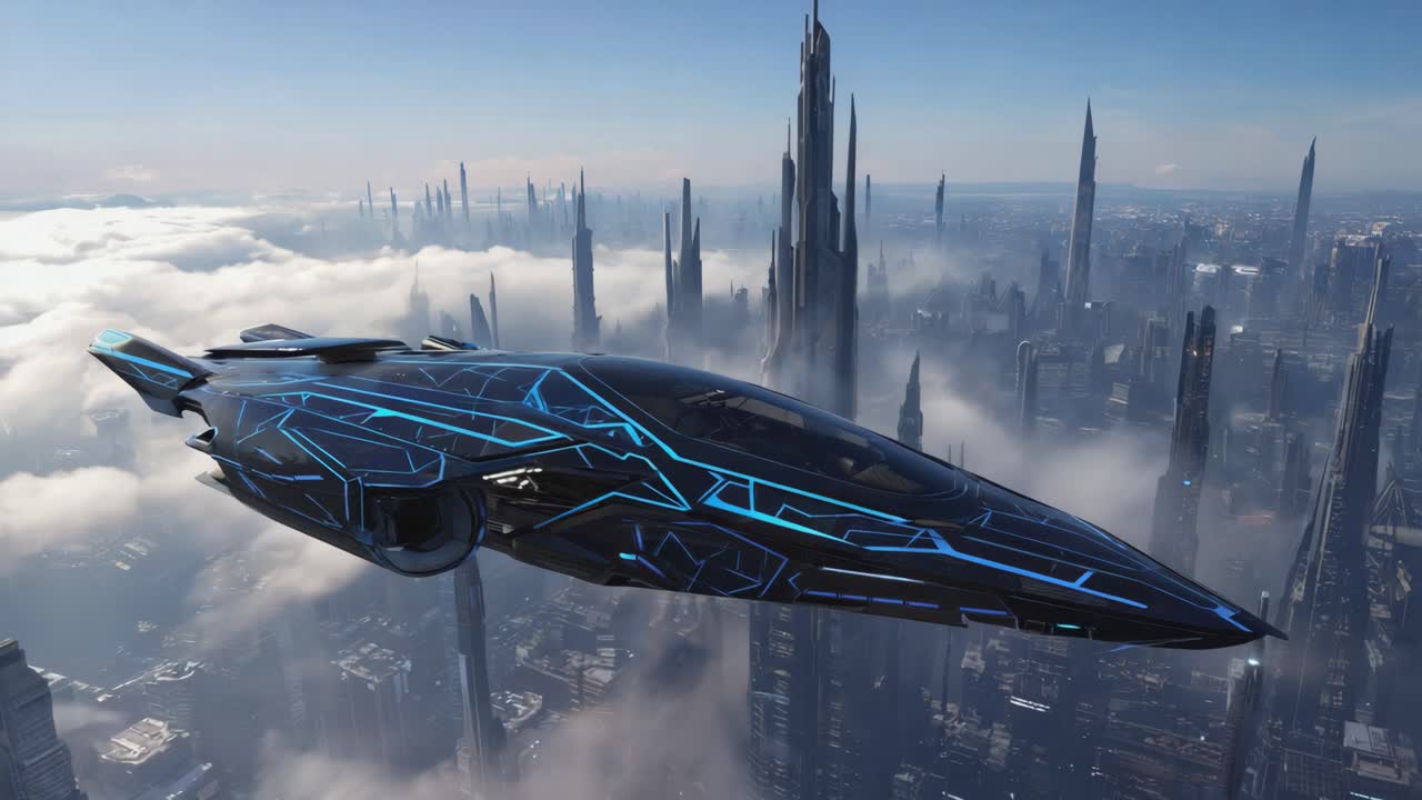 Futuristic Spaceship Over a Cityscape