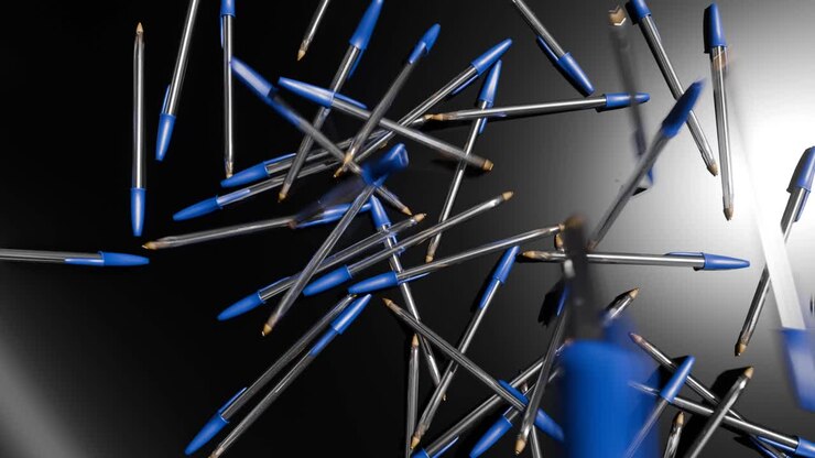 3D animation showing lots of BIC cristal pens falling onto a surface