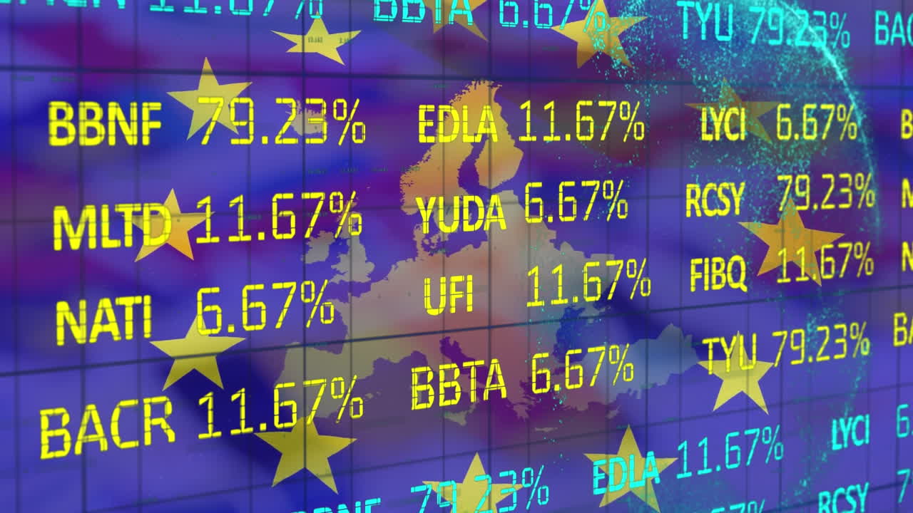 유럽 연합의 지도 위의 재무 데이터의 애니메이션