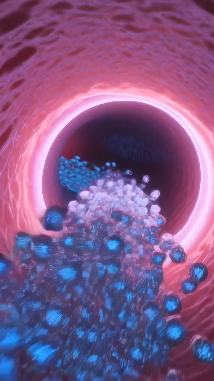 Vertical video: Flowing teal clear spheres moving through rippled pink tube, glowing rim pulling