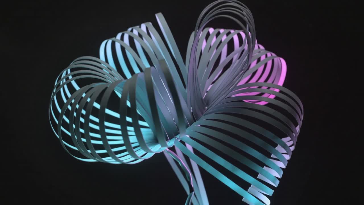 Lecture démarrant d'une sculpture en ruban tournant et se déplaçant sur une tige en studio, avec lumière cyan magenta