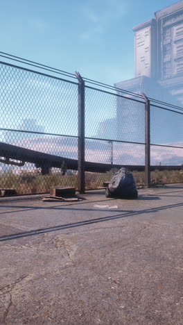 a dystopian cityscape with a chain link fence and trash bags