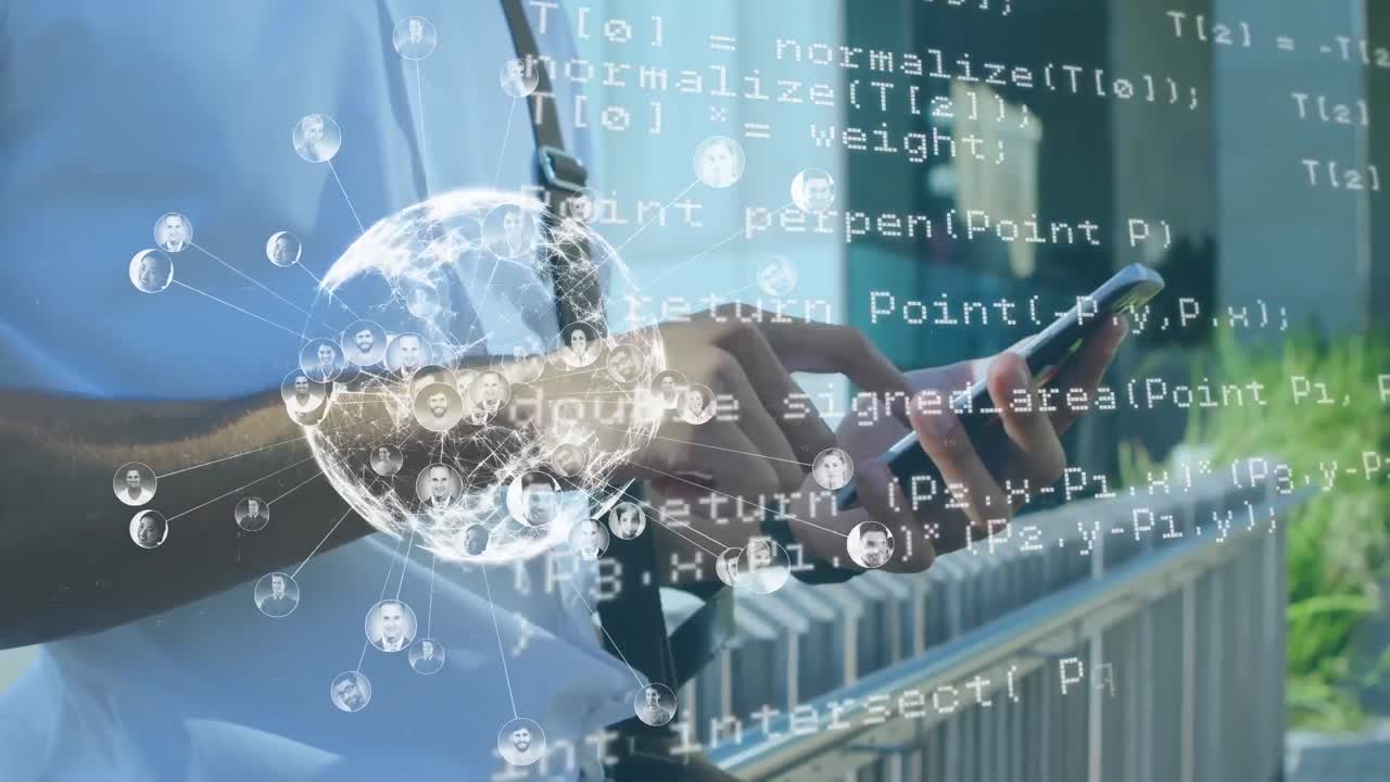 스마트 폰을 사용하는 혼합 인종 남성의 데이터 처리 및 전 세계 애니메이션