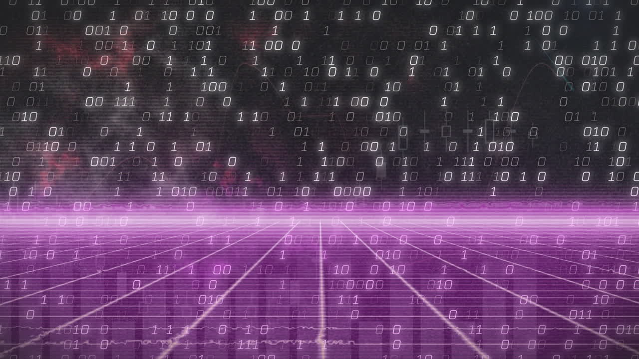 Animation of neon lines over data processing on black background