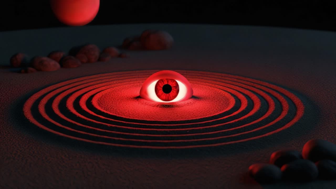 A Fascinating Abstract Representation of an Eye Surrounded by Rhythmic Red Waves on a Textured Surface, Merging Perception with Geometric Aesthetics