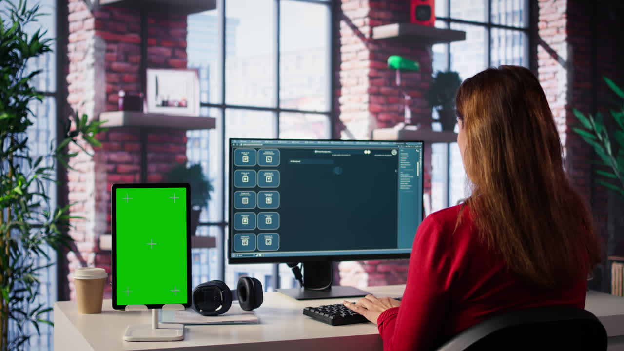 Woman working in modern office with tablet and computer