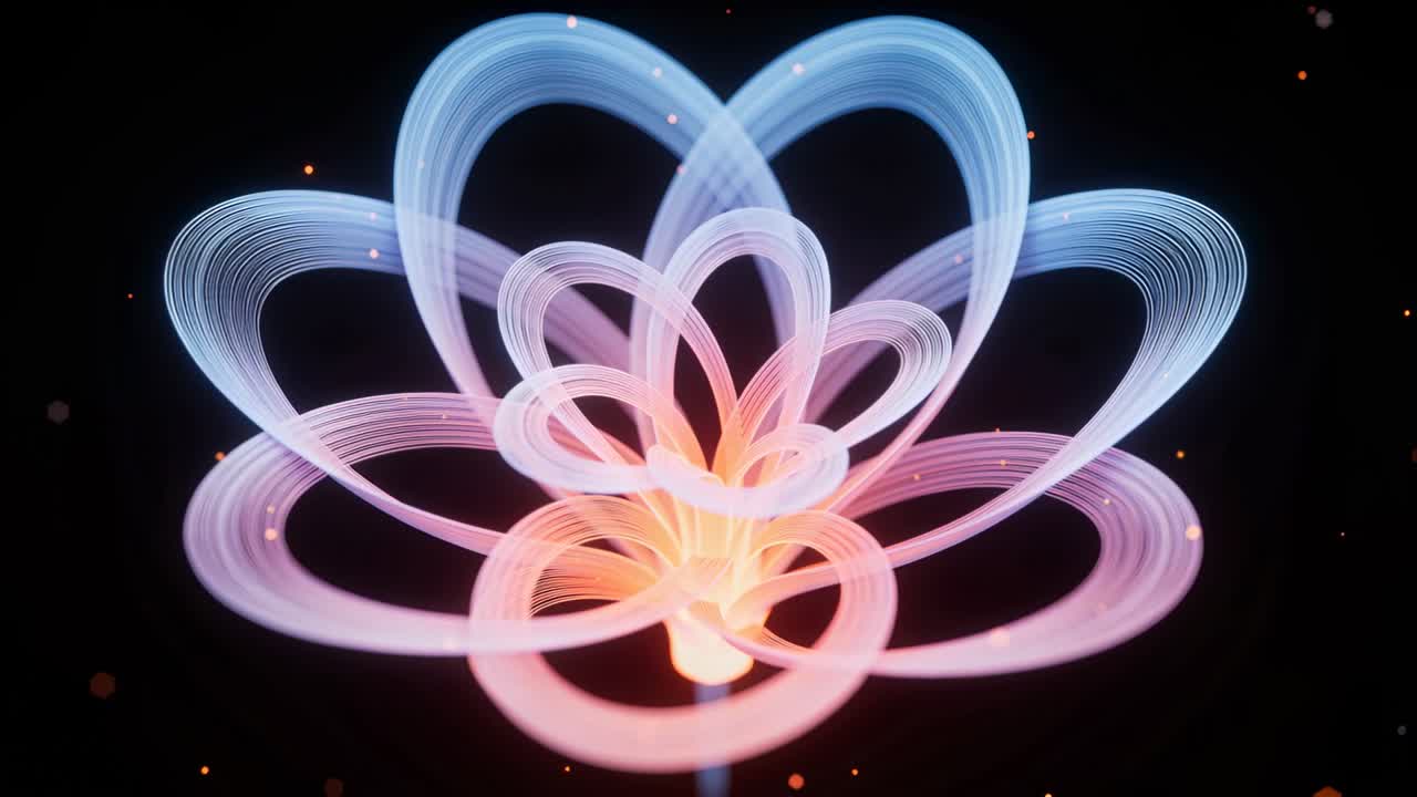Animating ribbon floral form pulsing, rotating, expanding in void, with glowing core stem particles
