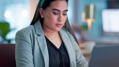 Thinking, business and woman with a laptop