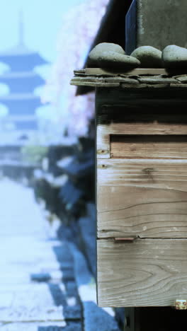 close-up of a wooden structure in a japanese garden