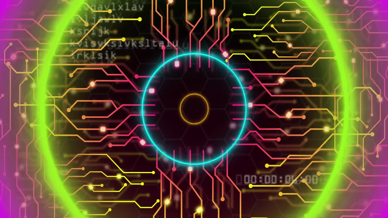 animación de círculos de neón, procesamiento de datos en una placa de circuitos informáticos.