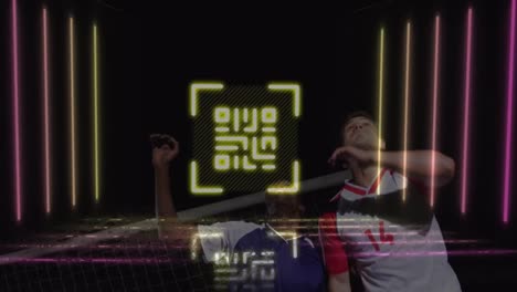 animation of neon qr code over two diverse male soccer players playing soccer on black background