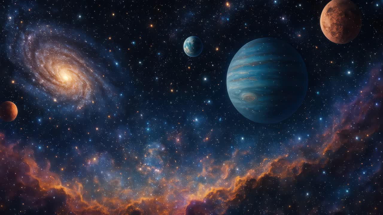 En kosmisk videoscene, der viser planeter og galakser i dybet af rummet