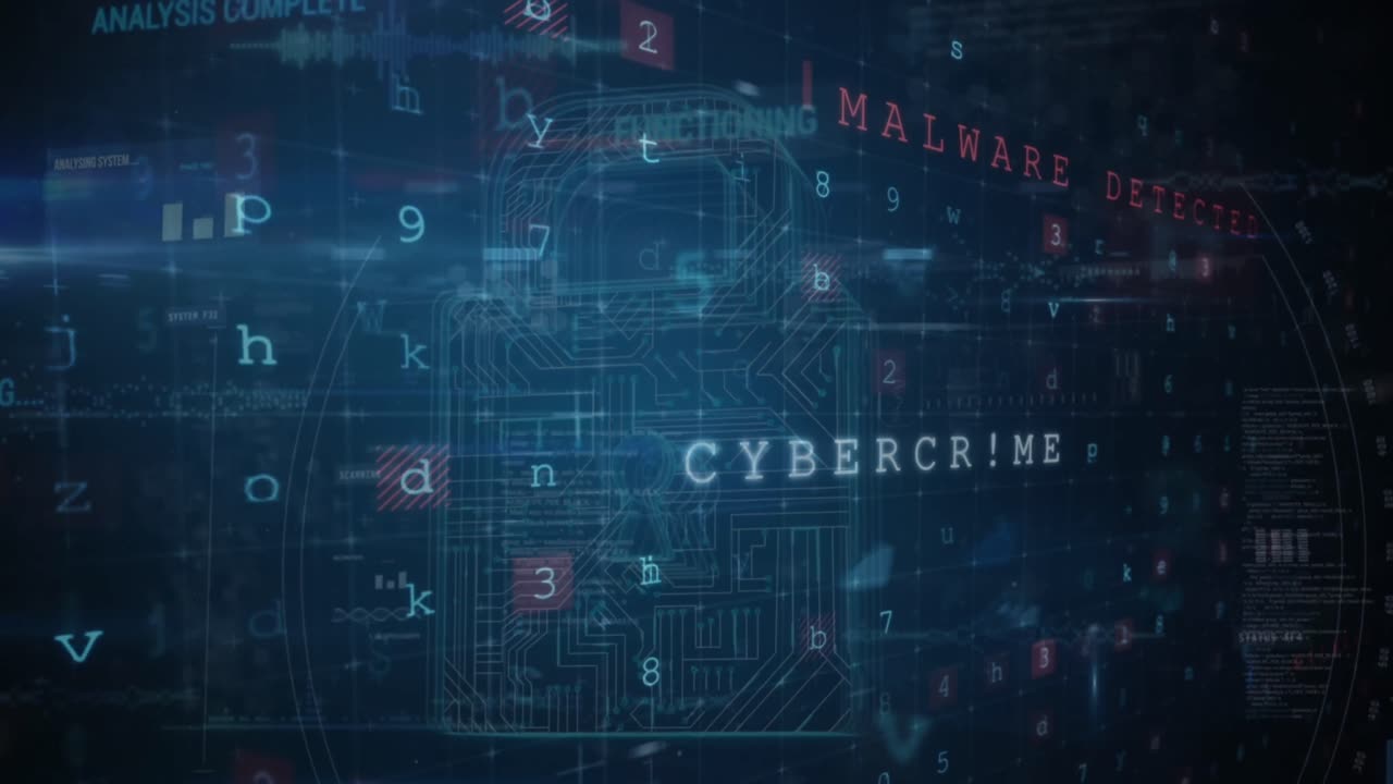 animación del procesamiento de datos de seguridad cibernética y el icono de candado de seguridad contra un fondo azul