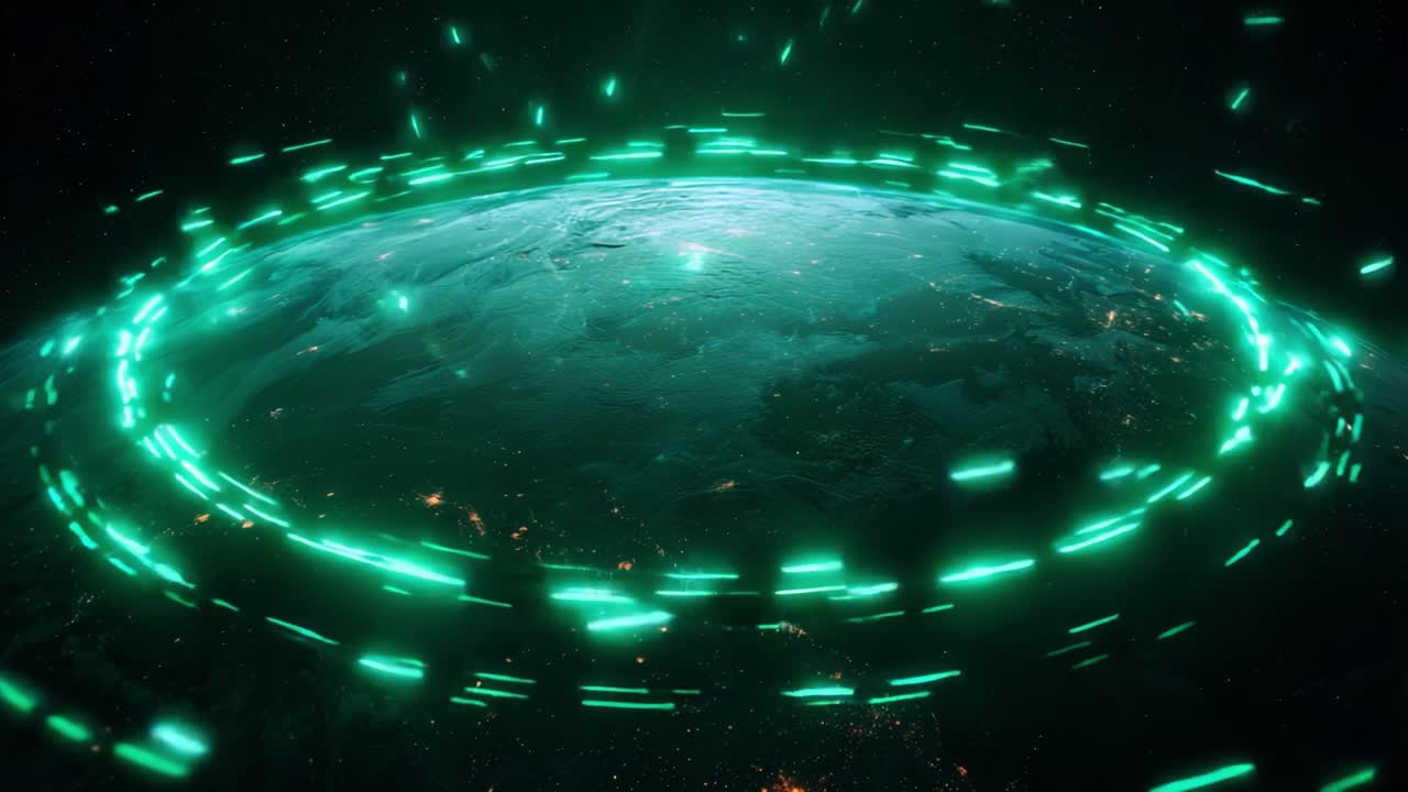 Futuristic planet Earth with glowing green network connections and data streams orbiting the globe, symbolizing global communication, internet technology, and worldwide digital connectivity
